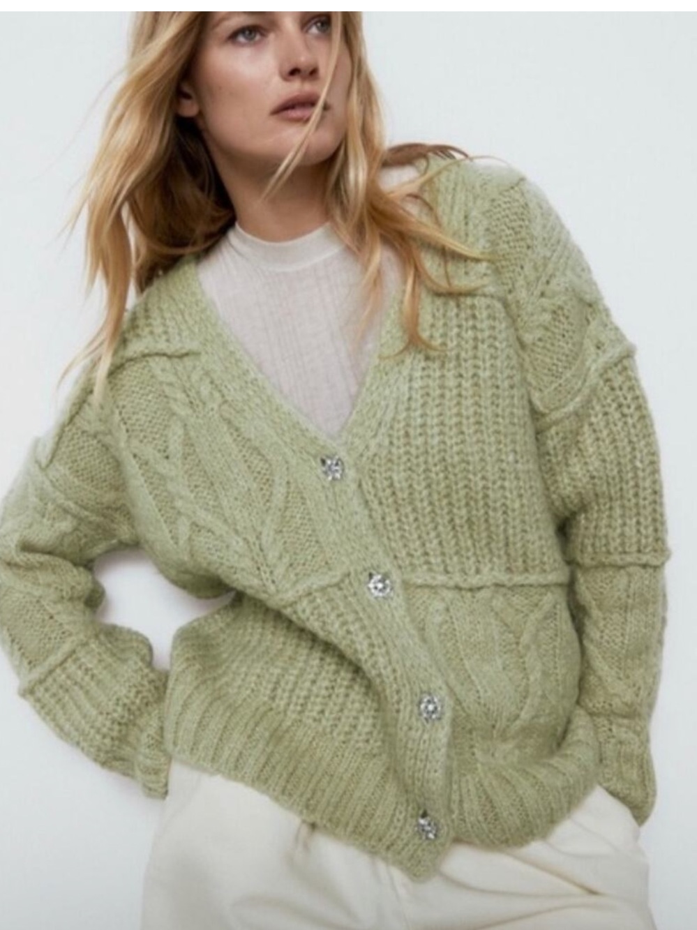 ZARA Wool Blend Chunky Sage Green Cable Patchwork Cardigan Size: S